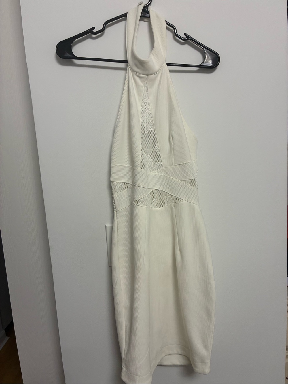 Angel Biba White One-Shoulder Halter Lace Panel Dress